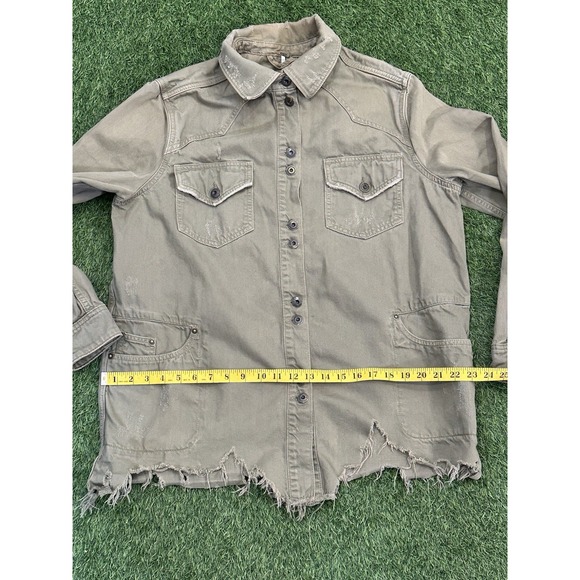 Free People Moonchild Military Shacket Med Green Denim Shirt Jacket Distressed - Picture 15 of 16